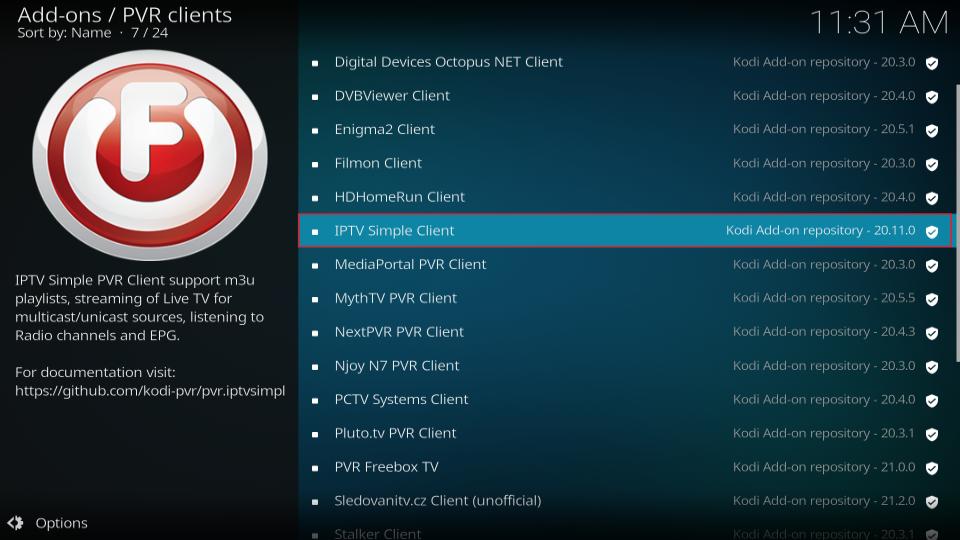 بعد ذلك، قم بالتمرير لأسفل وحدد PVR IPTV Simple Client.
